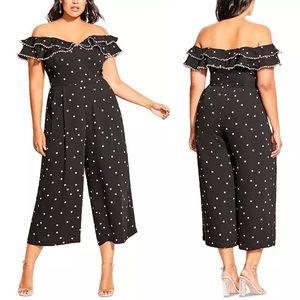 City Chic Polka Dot Jumpsuit Ruffle Wide Leg Boho Preppy Spring Black/Pink Sz 14